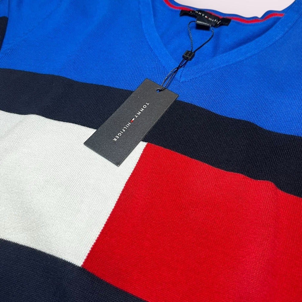 Tommy Hilfiger NWT Preppy V Neck Bold Colorblock 100% Cotton Knit Sweater size M - Picture 3 of 7